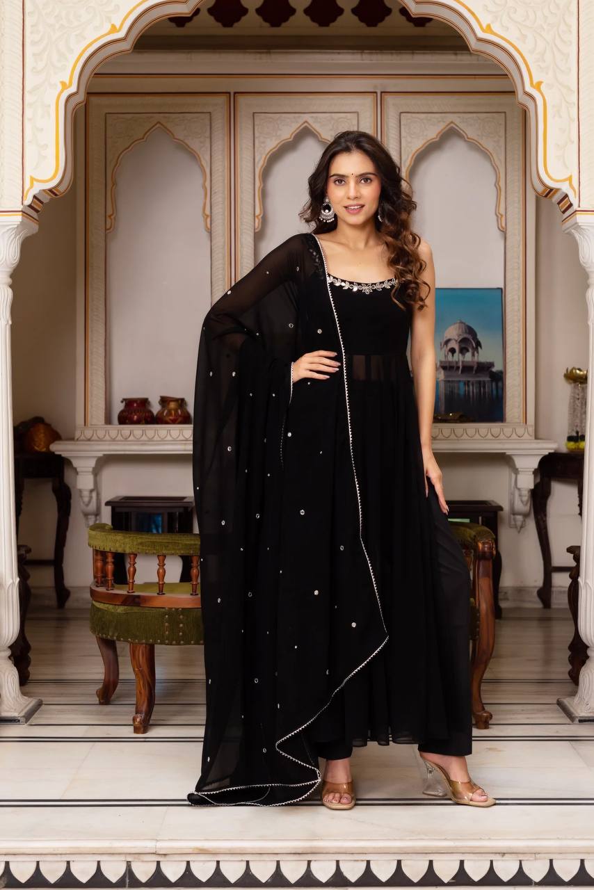 Handcrafted Gown and Pant Set with Micro Inner and Lace-Bordered Dupatta in Faux Georgette