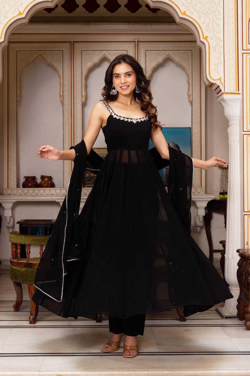 Handcrafted Gown and Pant Set with Micro Inner and Lace-Bordered Dupatta in Faux Georgette