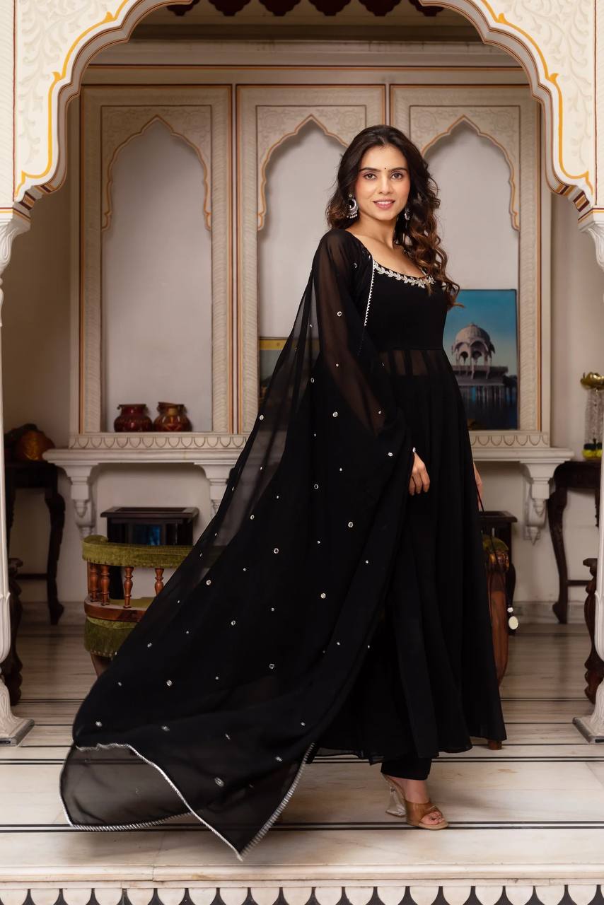 Handcrafted Gown and Pant Set with Micro Inner and Lace-Bordered Dupatta in Faux Georgette