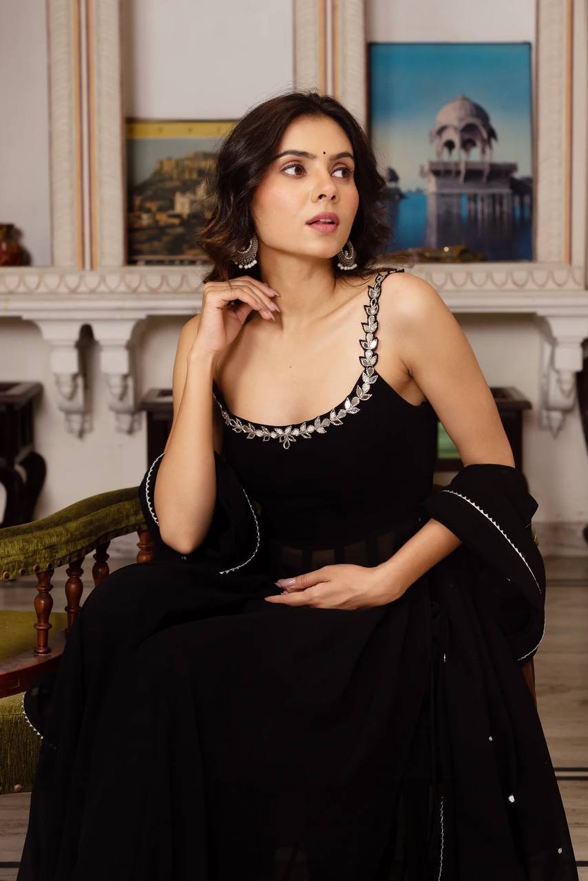Handcrafted Gown and Pant Set with Micro Inner and Lace-Bordered Dupatta in Faux Georgette