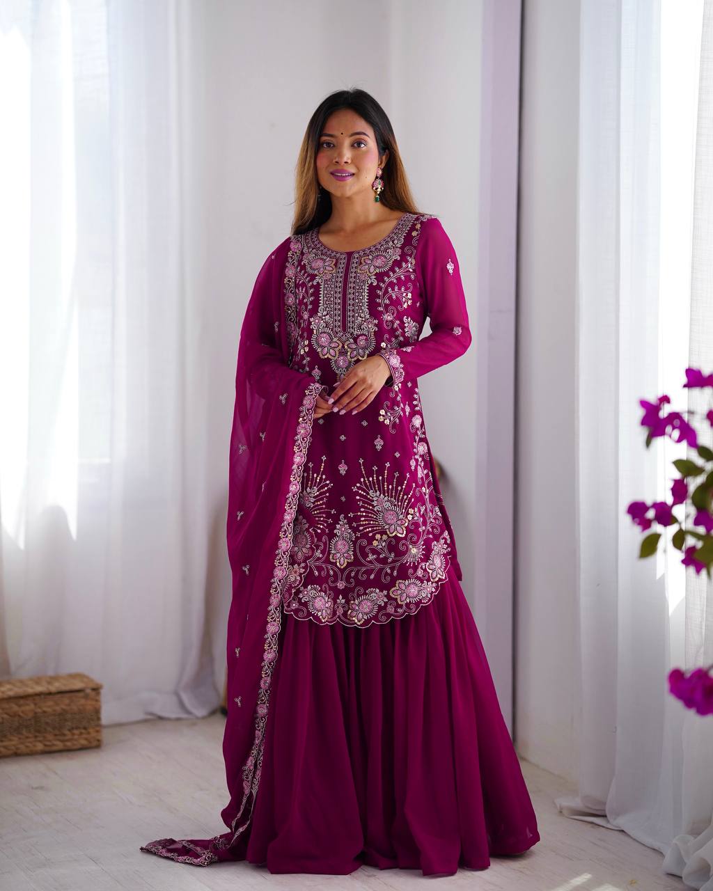 Premium Faux Georgette Sharara Suit with Thread Sequin Work and Dupatta - Jaipuri Vastra