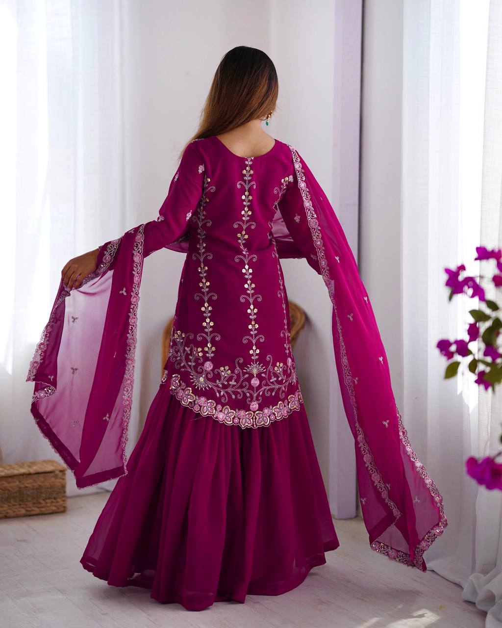 Premium Faux Georgette Sharara Suit with Thread Sequin Work and Dupatta - Jaipuri Vastra