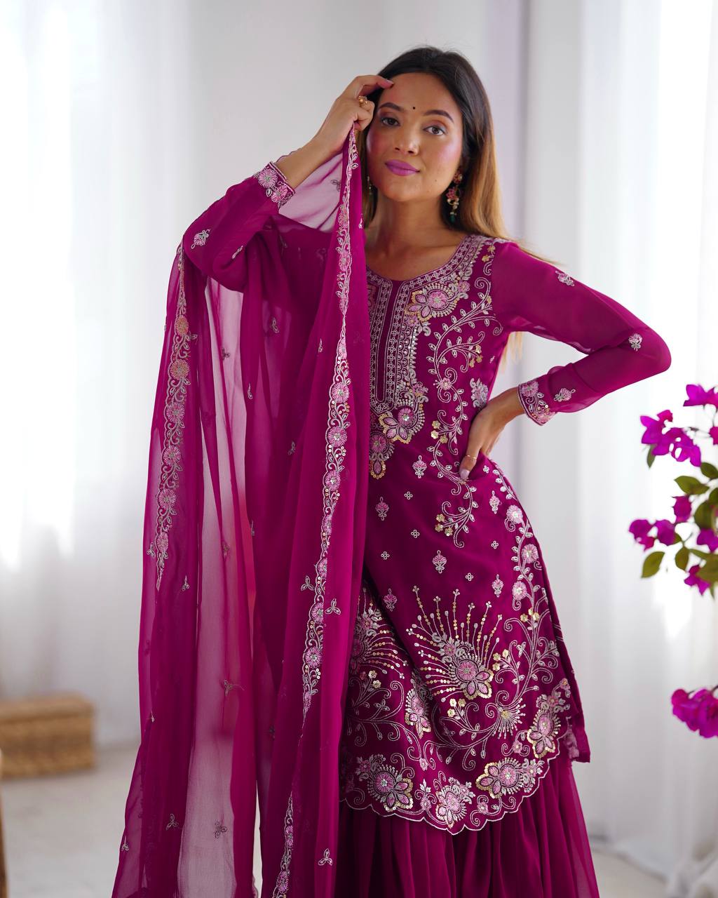 Premium Faux Georgette Sharara Suit with Thread Sequin Work and Dupatta - Jaipuri Vastra