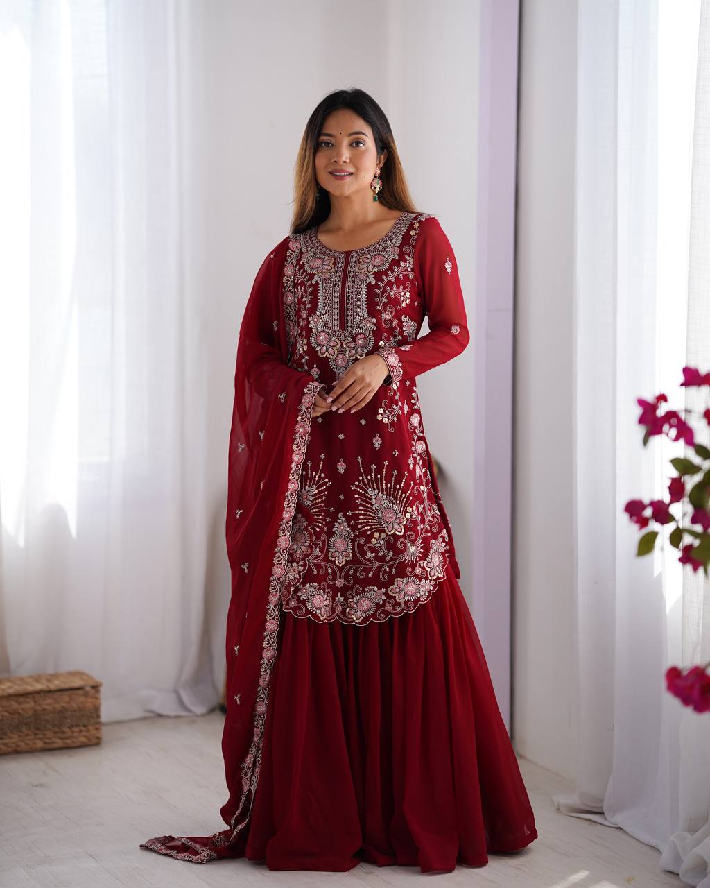 Premium Faux Georgette Sharara Suit with Thread Sequin Work and Dupatta - Jaipuri Vastra