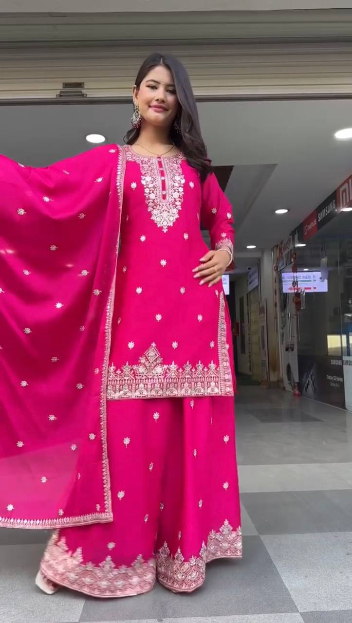 Elegant Dark Pink Kurti Palazzo Set in Faux Georgette Featuring Thread and Sequin Embroidery
