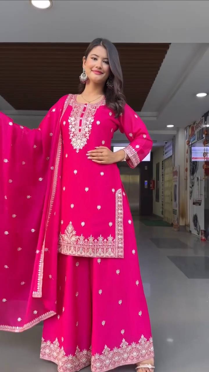 Elegant Dark Pink Kurti Palazzo Set in Faux Georgette Featuring Thread and Sequin Embroidery