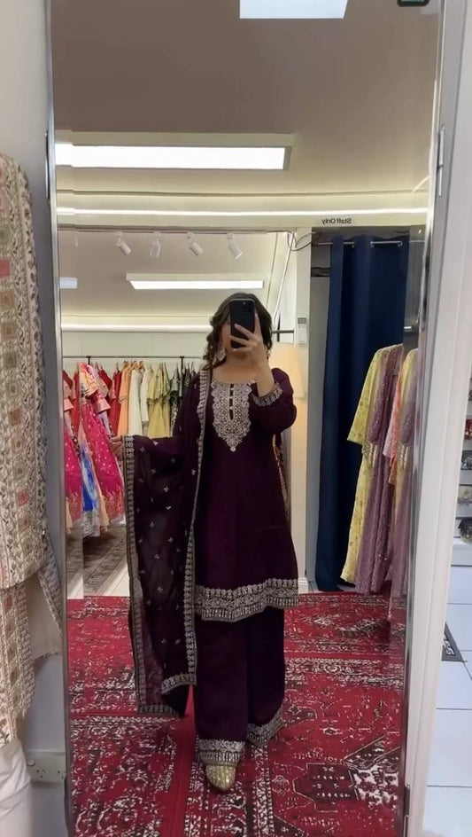 Wine Color Chinon Silk Thread & Sequin Embroidered Top with Plazo and Dupatta Set