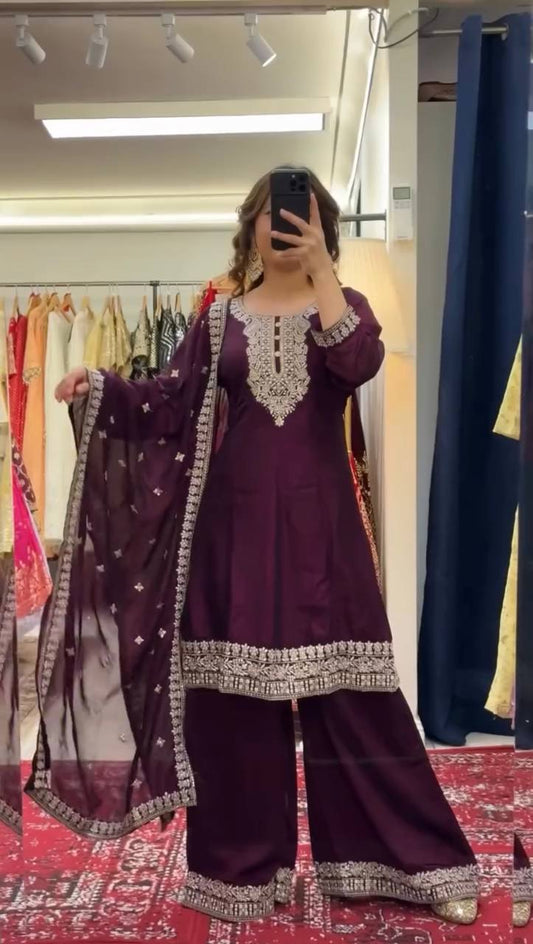 Wine Color Chinon Silk Thread & Sequin Embroidered Top with Plazo and Dupatta Set
