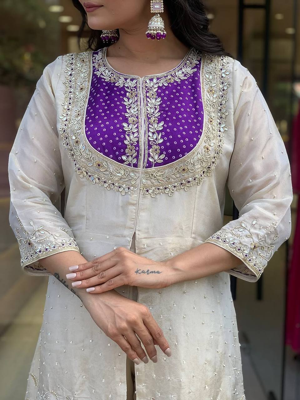 Elegant Cord Set with Embroidery Coding Sequence and Beadwork on Roman Shimmer Silk