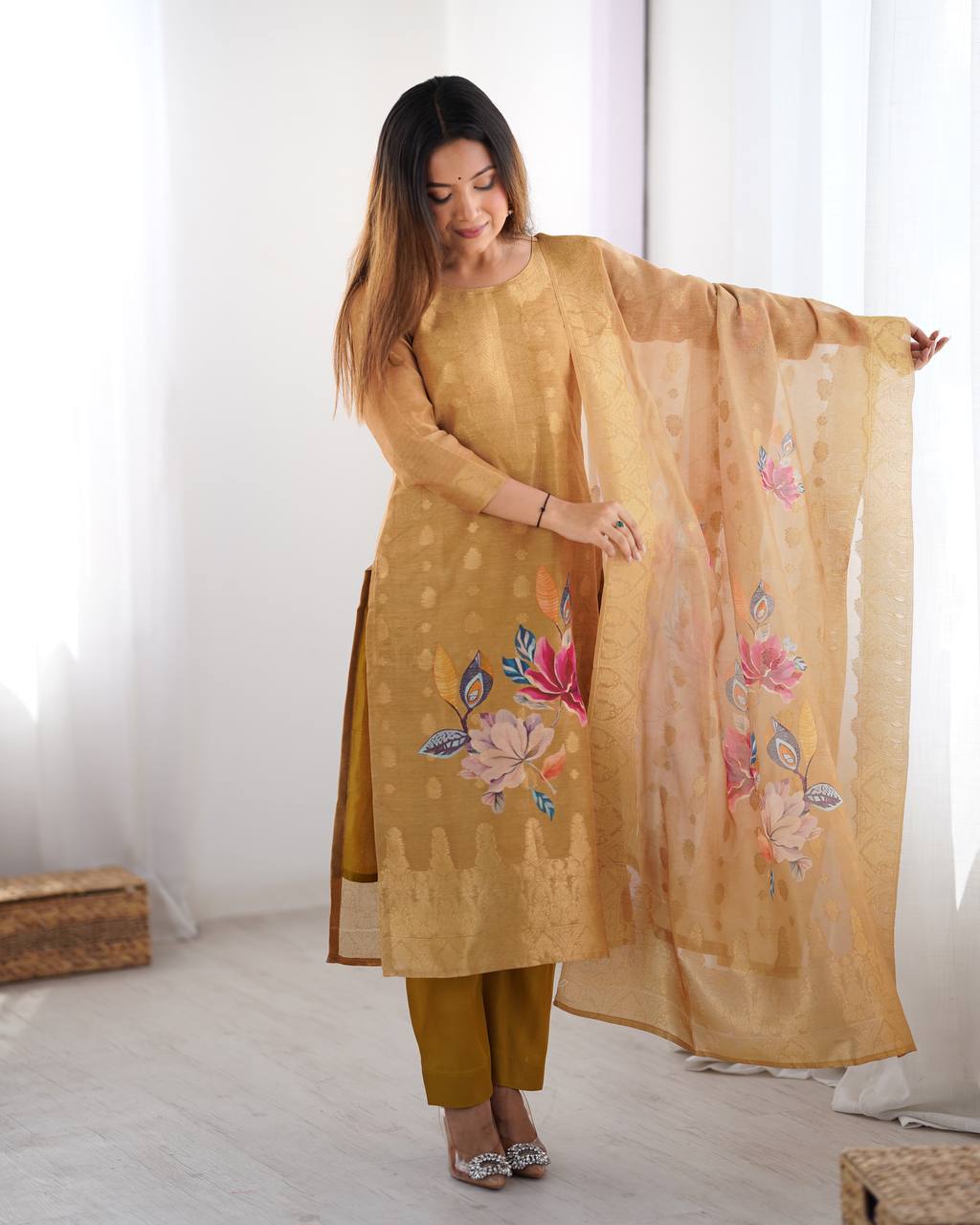 Chanderi Silk Digital Print and Jacquard Work Top with Pant and Dupatta Set - Jaipuri Vastra