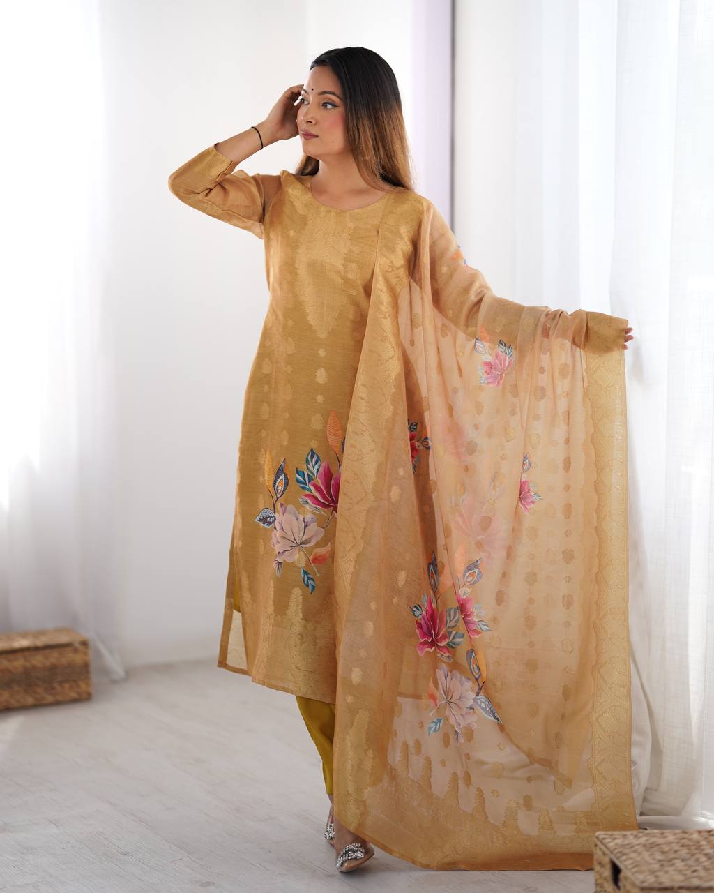 Chanderi Silk Digital Print and Jacquard Work Top with Pant and Dupatta Set - Jaipuri Vastra