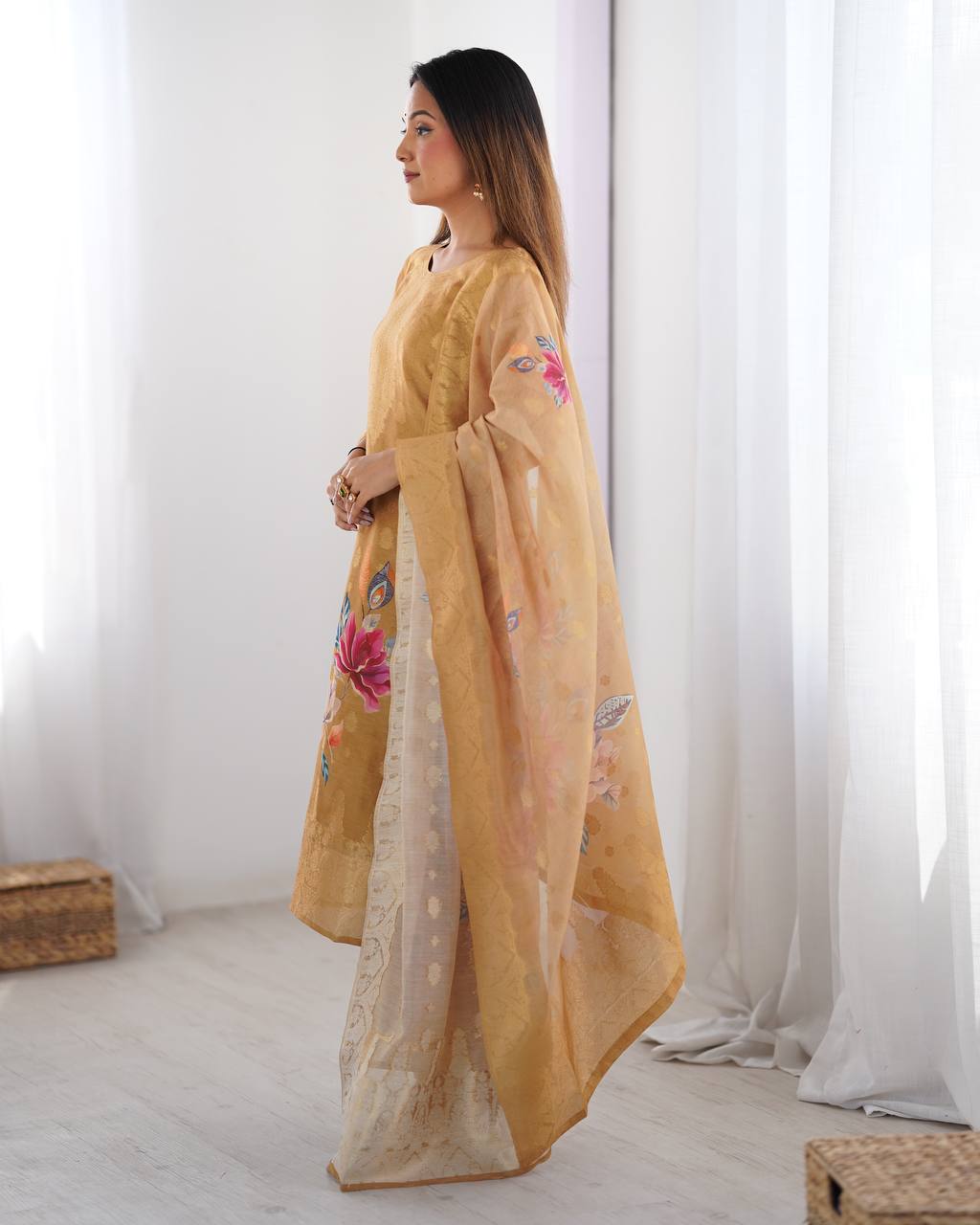 Chanderi Silk Digital Print and Jacquard Work Top with Pant and Dupatta Set - Jaipuri Vastra
