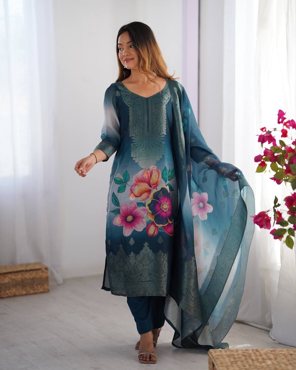 Chanderi Silk Digital Print and Jacquard Work Top with Pant and Dupatta Set - Jaipuri Vastra