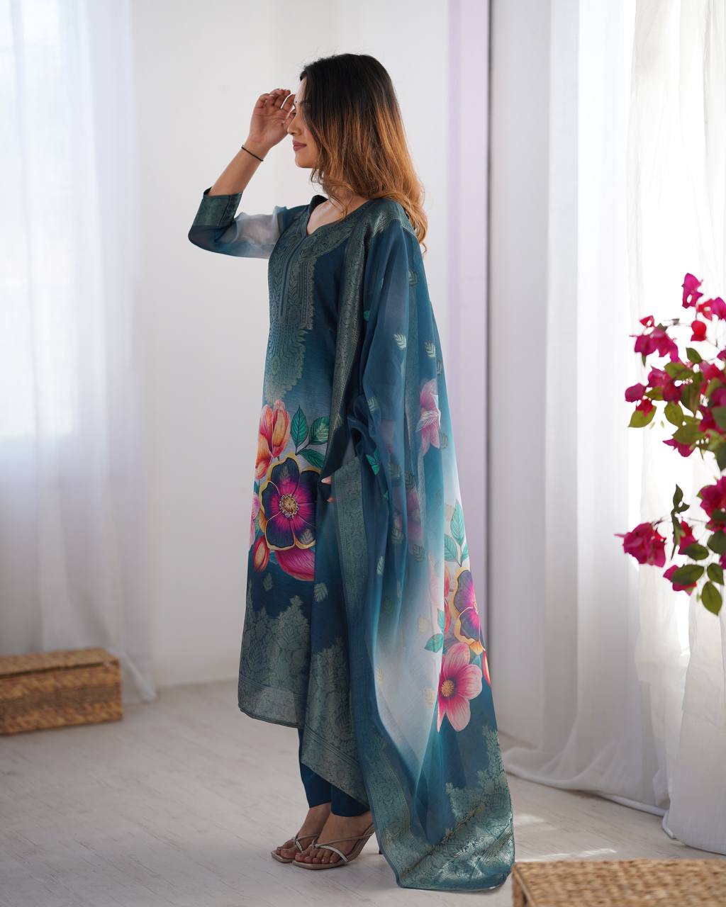 Chanderi Silk Digital Print and Jacquard Work Top with Pant and Dupatta Set - Jaipuri Vastra