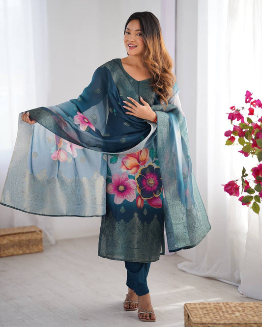 Chanderi Silk Digital Print and Jacquard Work Top with Pant and Dupatta Set - Jaipuri Vastra