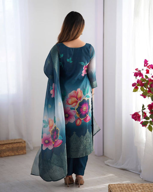 Chanderi Silk Digital Print and Jacquard Work Top with Pant and Dupatta Set - Jaipuri Vastra