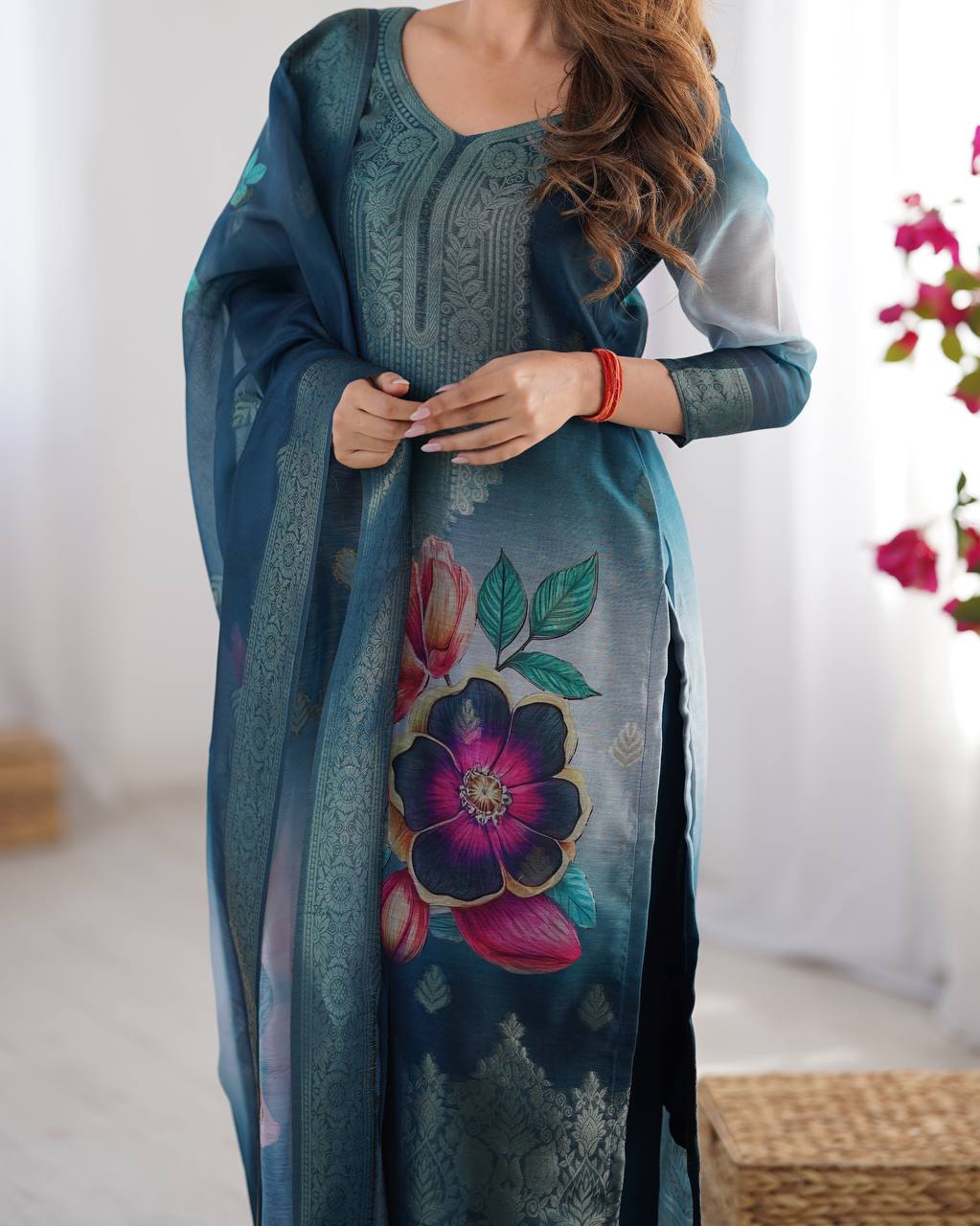 Chanderi Silk Digital Print and Jacquard Work Top with Pant and Dupatta Set - Jaipuri Vastra