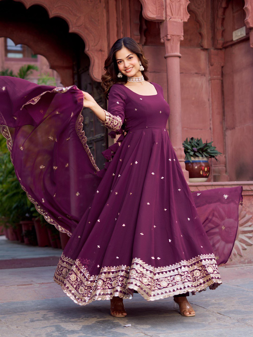 Faux Georgette Gown with Full Thread and Sequin Work Front and Back, Pant and Dupatta Set - Jaipuri Vastra