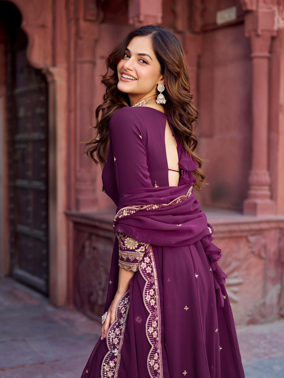Faux Georgette Gown with Full Thread and Sequin Work Front and Back, Pant and Dupatta Set - Jaipuri Vastra