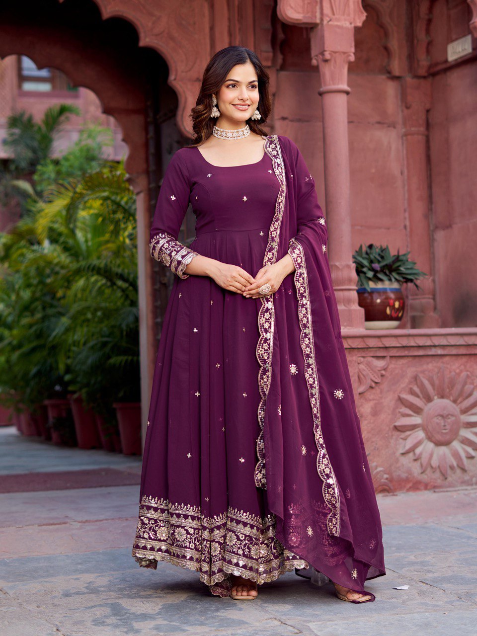 Faux Georgette Gown with Full Thread and Sequin Work Front and Back, Pant and Dupatta Set - Jaipuri Vastra