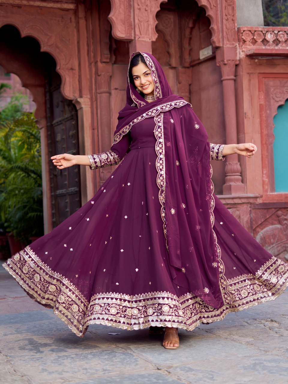Faux Georgette Gown with Full Thread and Sequin Work Front and Back, Pant and Dupatta Set - Jaipuri Vastra