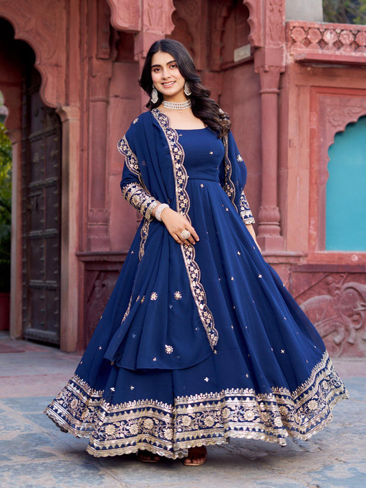 Faux Georgette Gown with Full Thread and Sequin Work Front and Back, Pant and Dupatta Set - Jaipuri Vastra