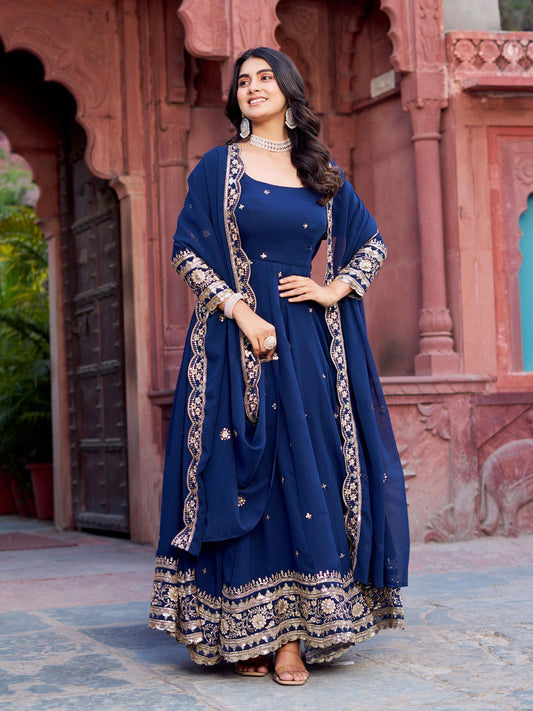 Faux Georgette Gown with Full Thread and Sequin Work Front and Back, Pant and Dupatta Set - Jaipuri Vastra