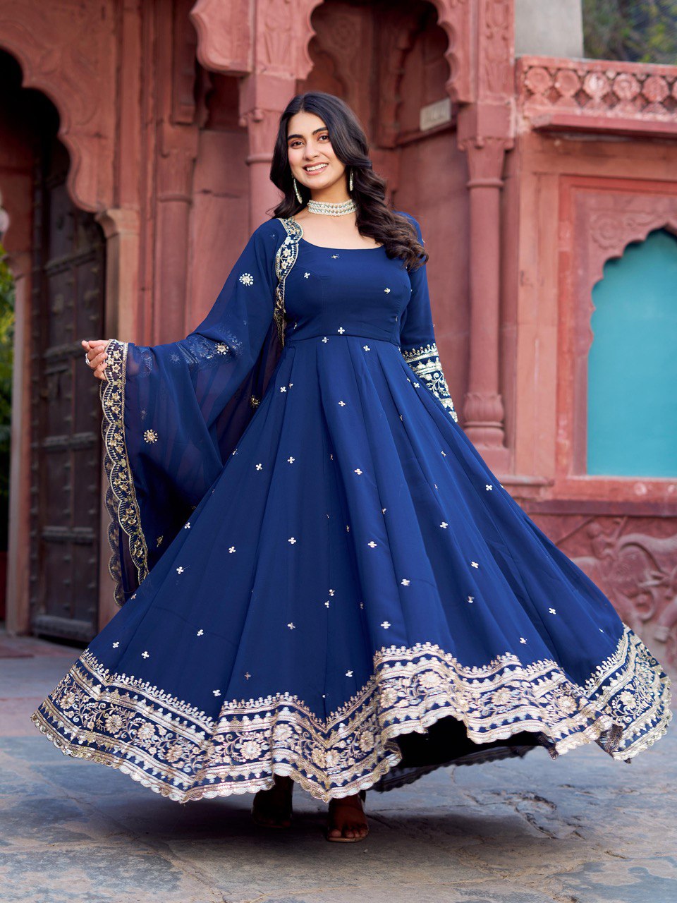 Faux Georgette Gown with Full Thread and Sequin Work Front and Back, Pant and Dupatta Set - Jaipuri Vastra