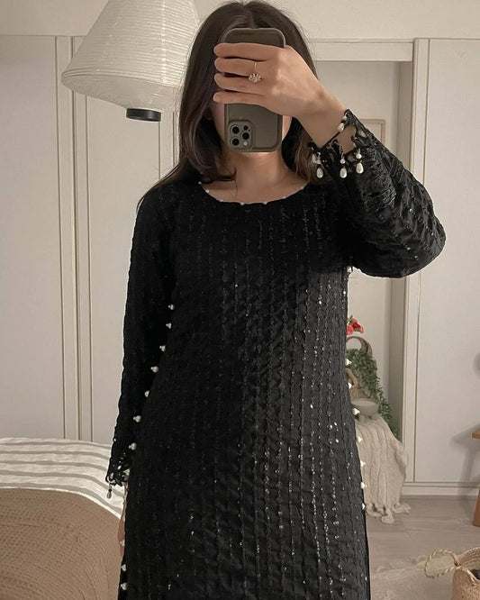 Party Wear Kurti and Pant Ensemble with Fancy Dupatta Featuring Heavy Embroidery and Lace