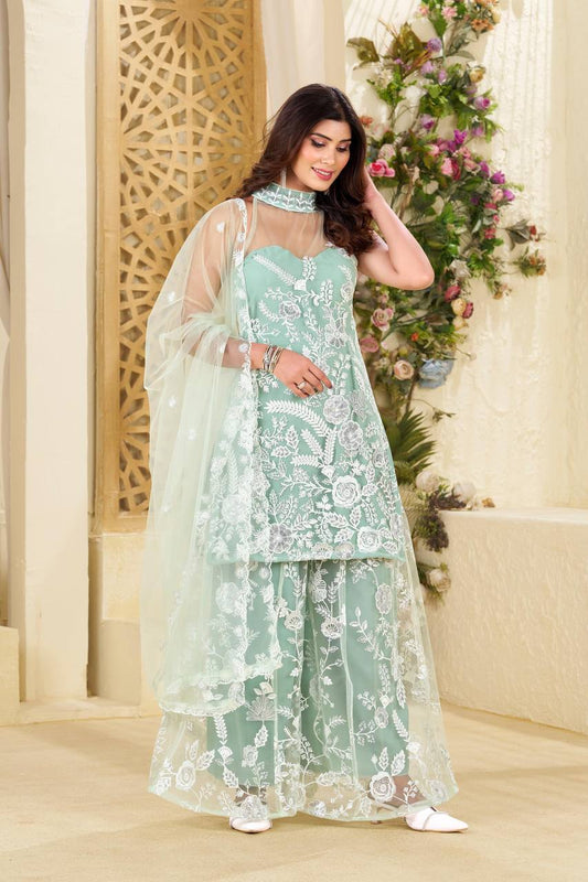 Trending Halter Neck Kurta and Plazzo Set with Dupatta in Butterfly Net with Sequence Embroidery