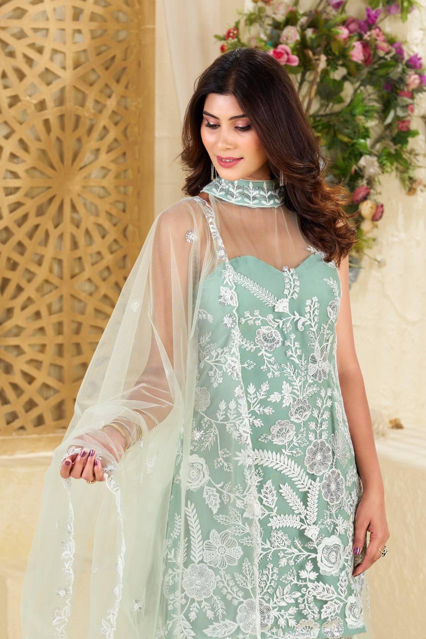 Trending Halter Neck Kurta and Plazzo Set with Dupatta in Butterfly Net with Sequence Embroidery