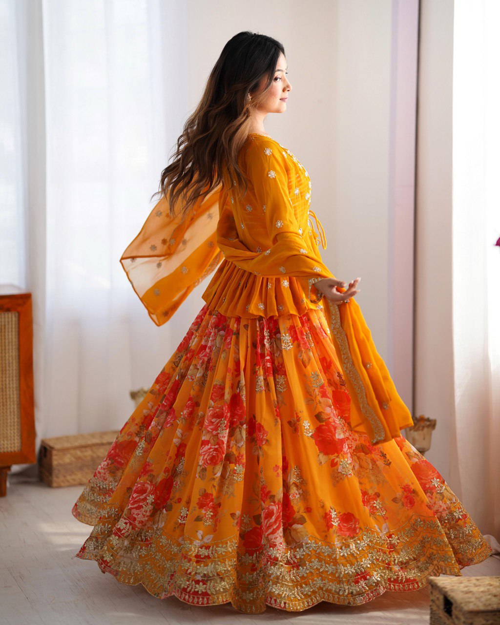 Digital Print Faux Georgette Lehenga with Thread Sequin Work and Matching Dupatta - Jaipuri Vastra