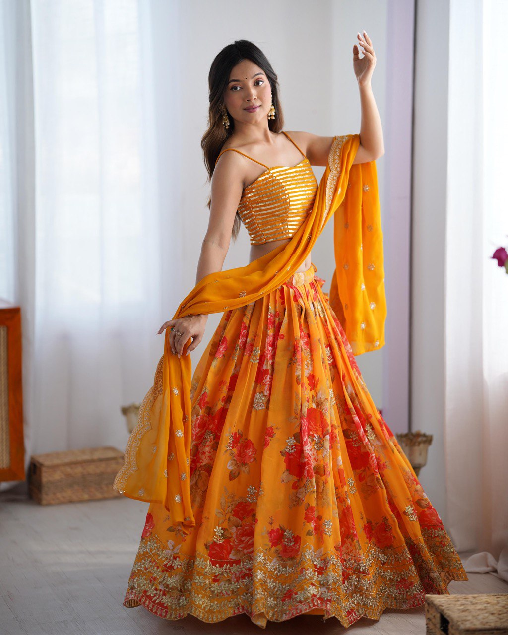 Digital Print Faux Georgette Lehenga with Thread Sequin Work and Matching Dupatta - Jaipuri Vastra