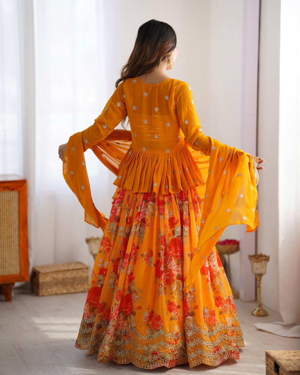 Digital Print Faux Georgette Lehenga with Thread Sequin Work and Matching Dupatta - Jaipuri Vastra