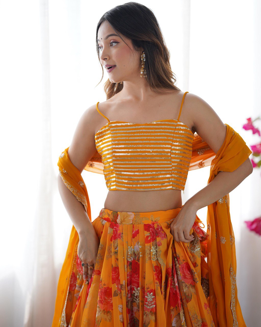 Digital Print Faux Georgette Lehenga with Thread Sequin Work and Matching Dupatta - Jaipuri Vastra
