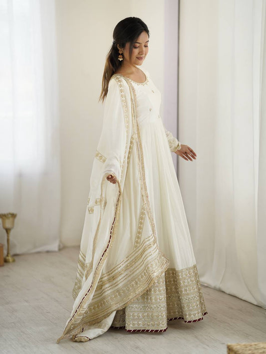 Elegant Chinon Silk Embroidered Gown with Plain Pant and Thread Work Dupatta - Jaipuri Vastra
