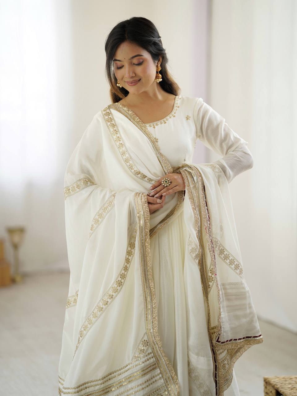 Elegant Chinon Silk Embroidered Gown with Plain Pant and Thread Work Dupatta - Jaipuri Vastra