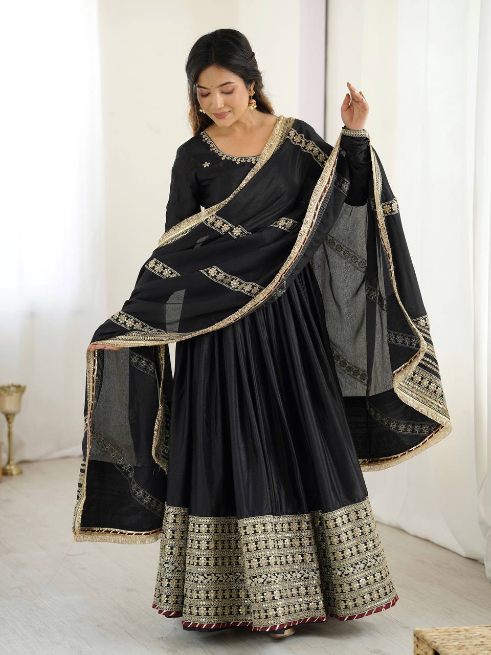 Elegant Chinon Silk Embroidered Gown with Plain Pant and Thread Work Dupatta - Jaipuri Vastra