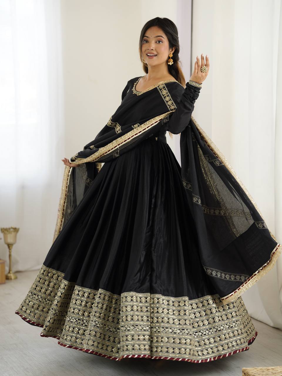 Elegant Chinon Silk Embroidered Gown with Plain Pant and Thread Work Dupatta - Jaipuri Vastra