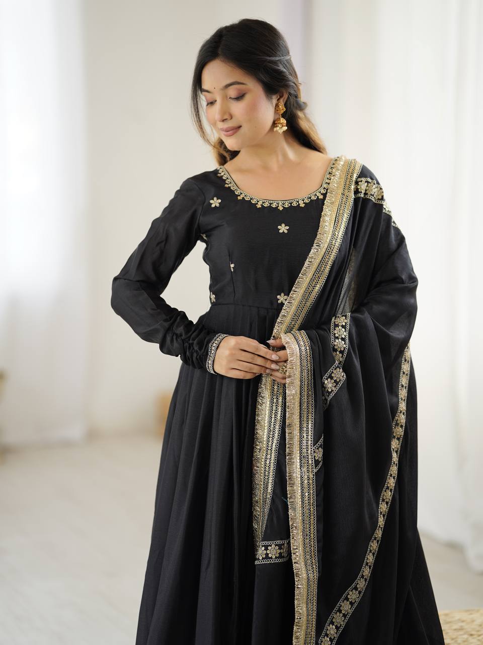 Elegant Chinon Silk Embroidered Gown with Plain Pant and Thread Work Dupatta - Jaipuri Vastra