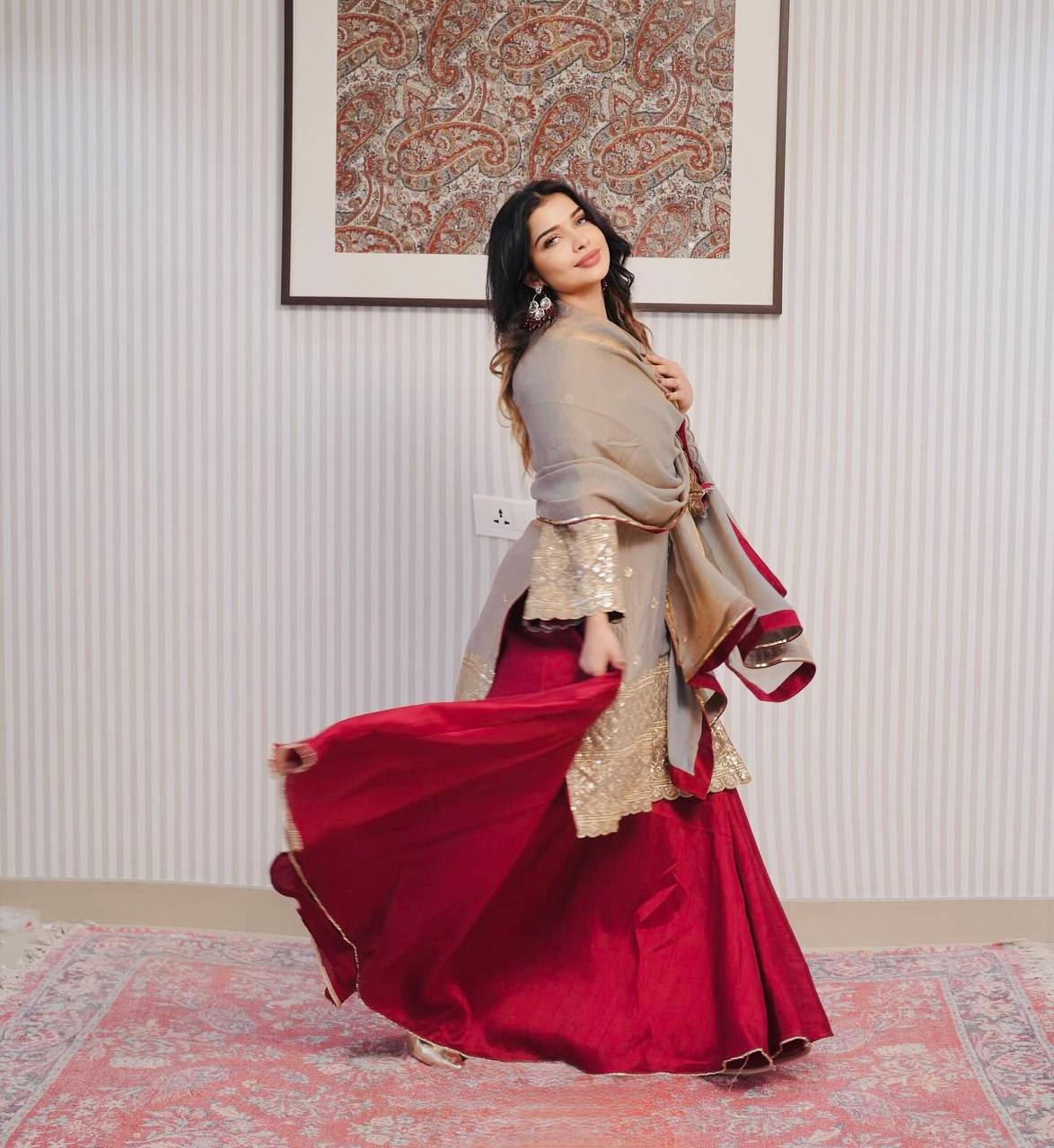 Luxury Ensemble with Full Sleeve Embroidered Top and Flared French Crepe Silk Lehenga