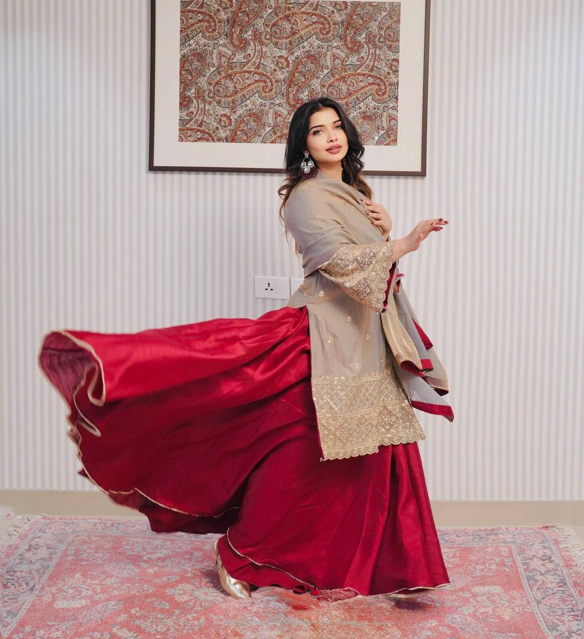 Luxury Ensemble with Full Sleeve Embroidered Top and Flared French Crepe Silk Lehenga