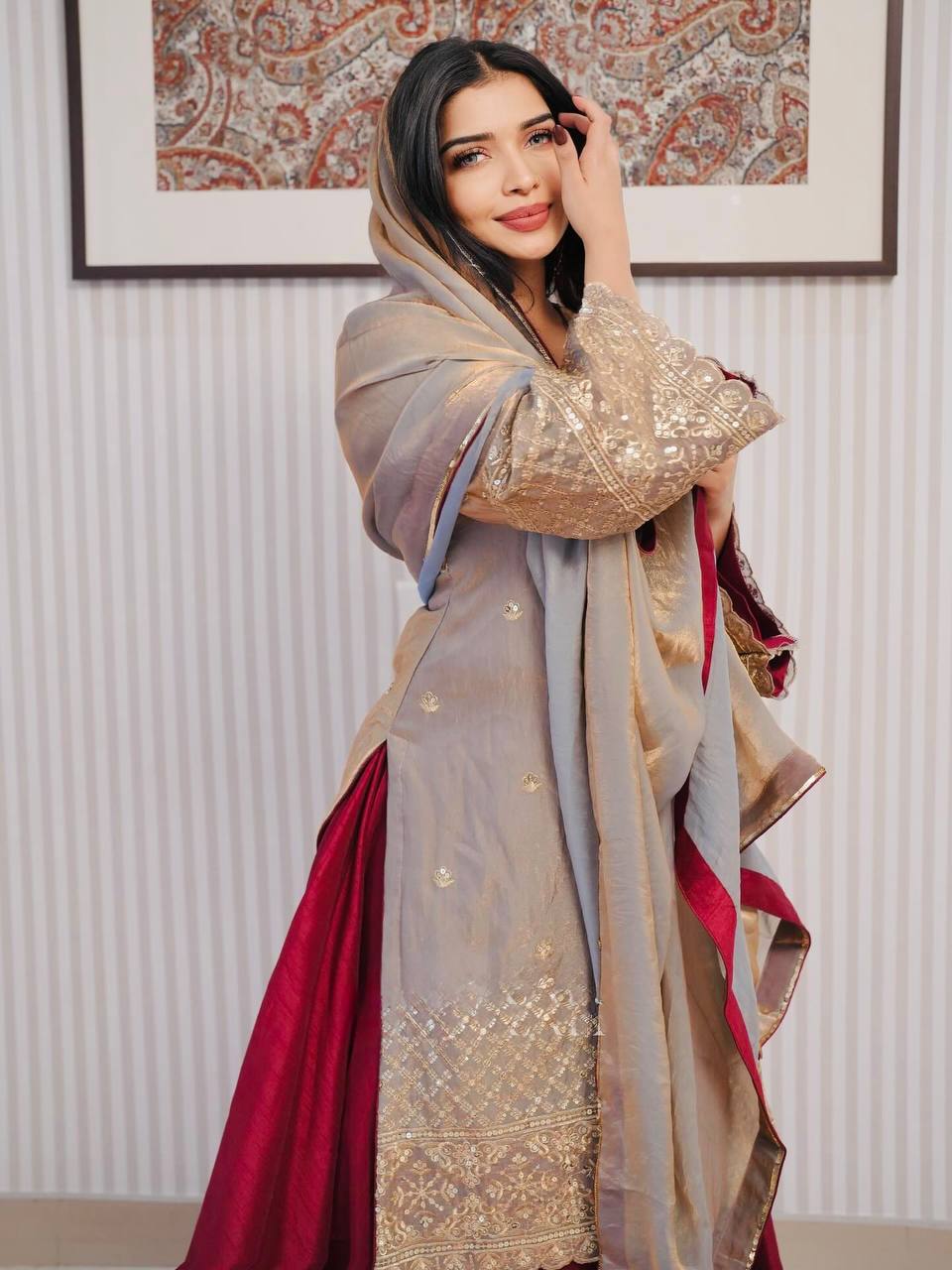 Luxury Ensemble with Full Sleeve Embroidered Top and Flared French Crepe Silk Lehenga