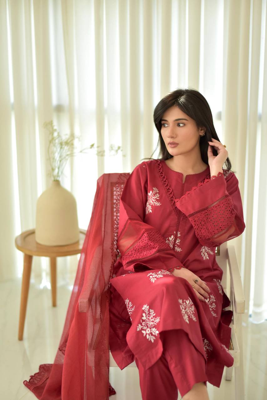 Exclusive Designer Suit in Roman Silk with Embroidered Top and Matching Pant, Silver Chiffon Dupatta