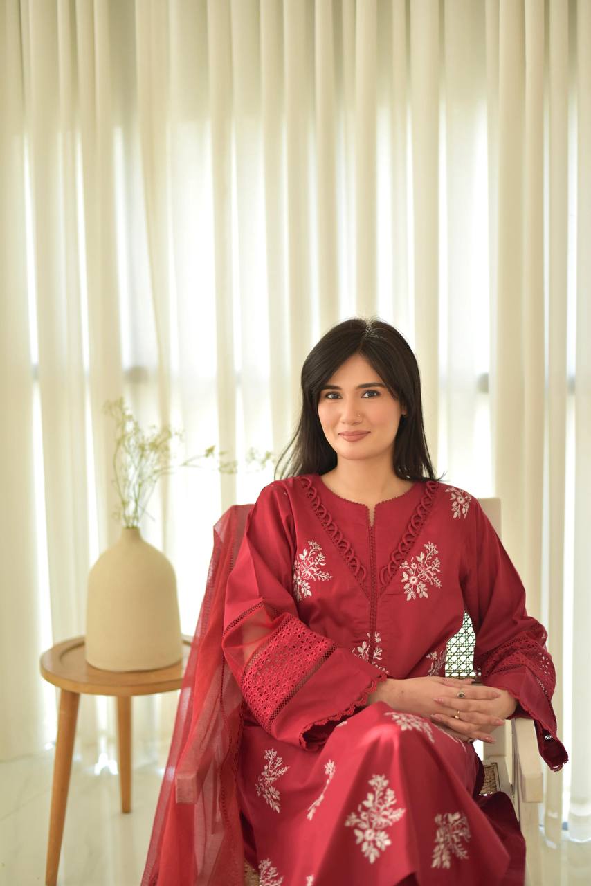 Exclusive Designer Suit in Roman Silk with Embroidered Top and Matching Pant, Silver Chiffon Dupatta