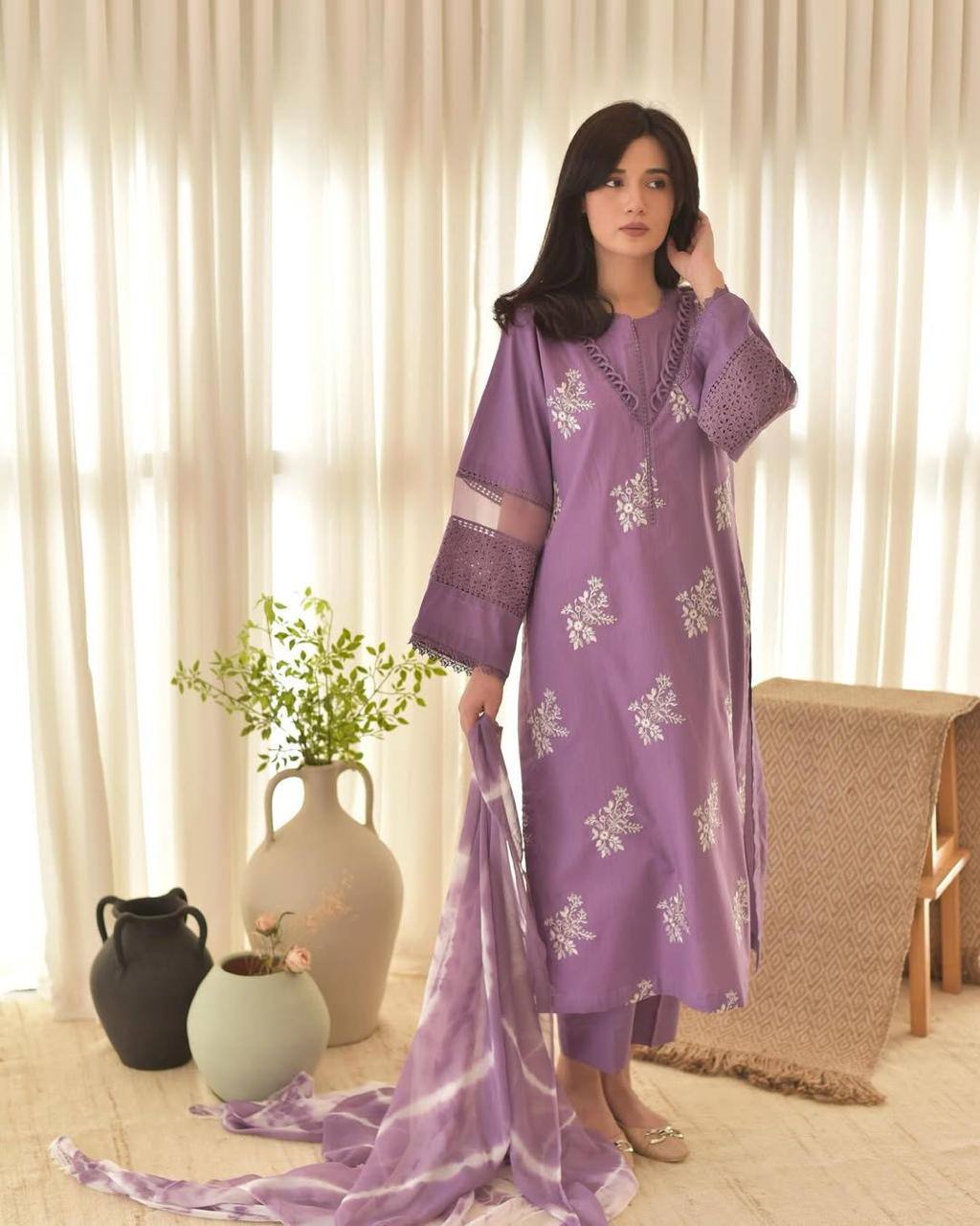 Exclusive Designer Suit in Roman Silk with Embroidered Top and Matching Pant, Silver Chiffon Dupatta