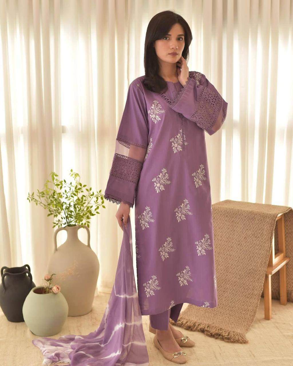 Exclusive Designer Suit in Roman Silk with Embroidered Top and Matching Pant, Silver Chiffon Dupatta