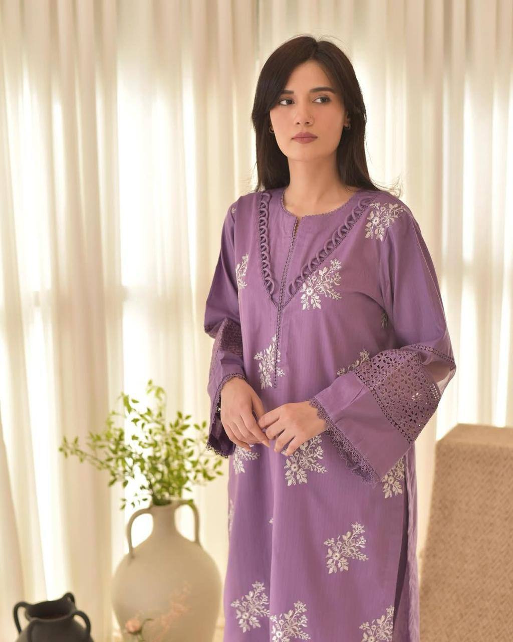 Exclusive Designer Suit in Roman Silk with Embroidered Top and Matching Pant, Silver Chiffon Dupatta