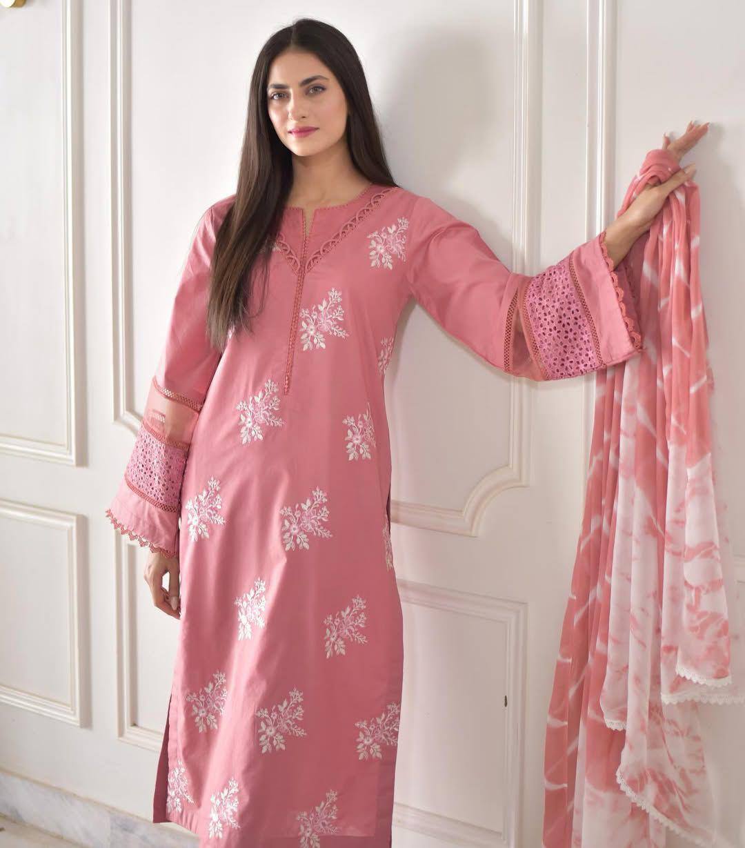Exclusive Designer Suit in Roman Silk with Embroidered Top and Matching Pant, Silver Chiffon Dupatta