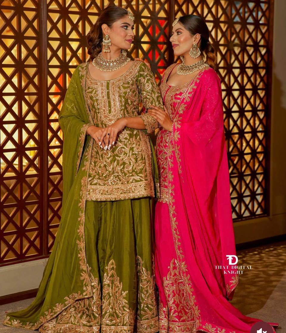 Fancy Dupatta with Party Wear Top and Plazzo in Heavy Embroidered Chinon Silk